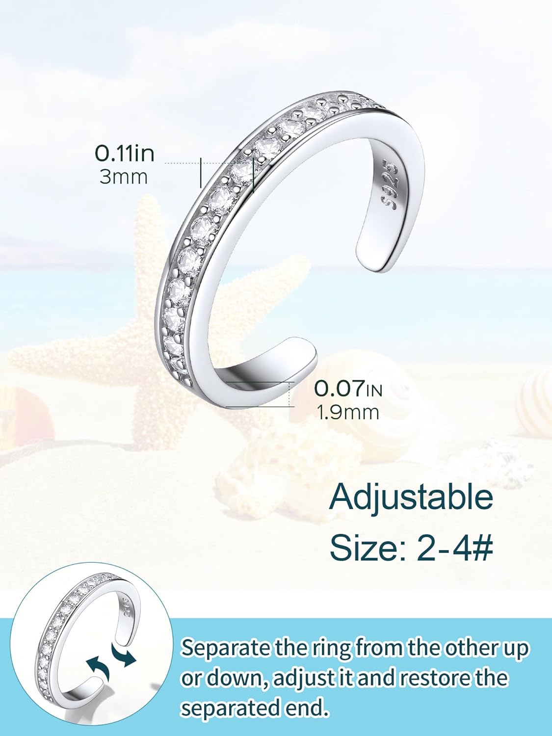 ChicSilver Toe Rings for Women 925 Sterling Silver Toe Ring Hypoallergenic Adjustable Open Rings for Women Summer Jewelry