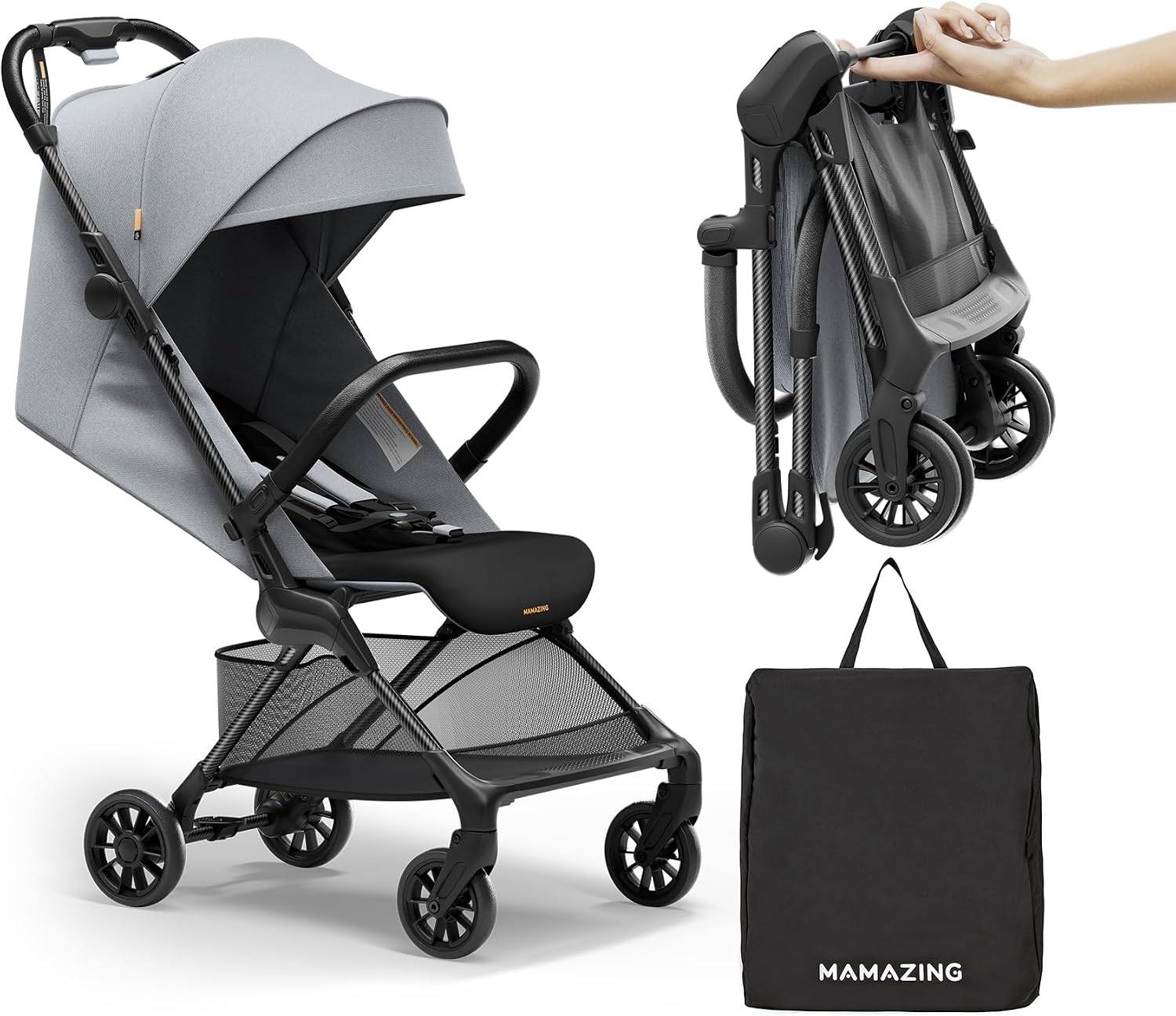 Mamazing Ultra Air X Baby Travel Stroller, Ultra-Lightweight Under 10 lbs | Compact Carbon Fiber Frame & Airplane Friendly, Lightweight Stroller with Reclining Seat, UPF 50+ Canopy & Travel Bag