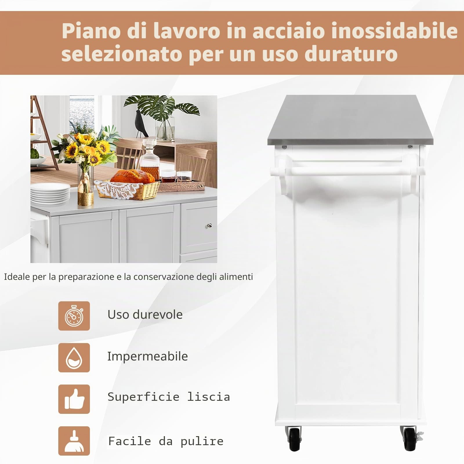 GIANTEX Carrello da cucina con piastra in acciaio inox, armadio da cucina con ruote, isola mobile con 3 cassetti e ripiani regolabili, carrello da servizio, carrello da cucina, carrello da cucina, 135