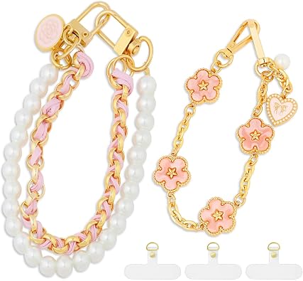2 Pcs Phone Charm Wrist Strap with Tether Tab, Double Anti Lost Beaded Wrist Lanyard, Detachable Metal Phone Charms for Bag, Key Chains, Camera Decor Little Pearl+Pink Leather
