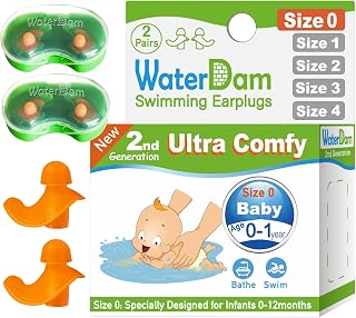 WaterDam Swimming Ear Plugs Great Waterproof Ultra Comfy Earplugs Prevent Swimmer's Ear (Size 0: Baby 0-1 Year (Orange))