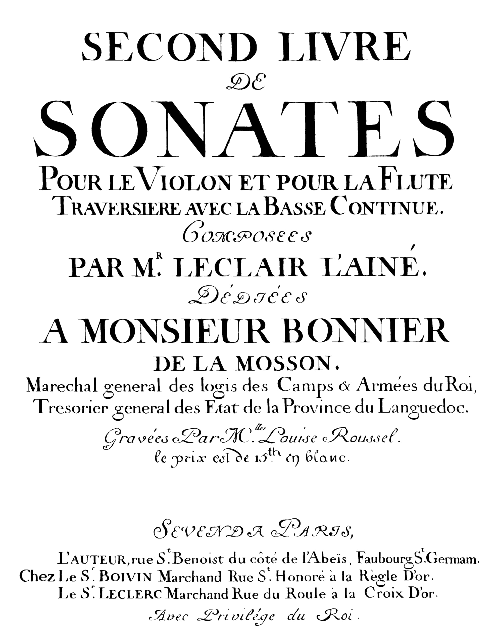 Second livre de sonates Leclair fac-similé Fuzeau, partition pour interprétation baroque