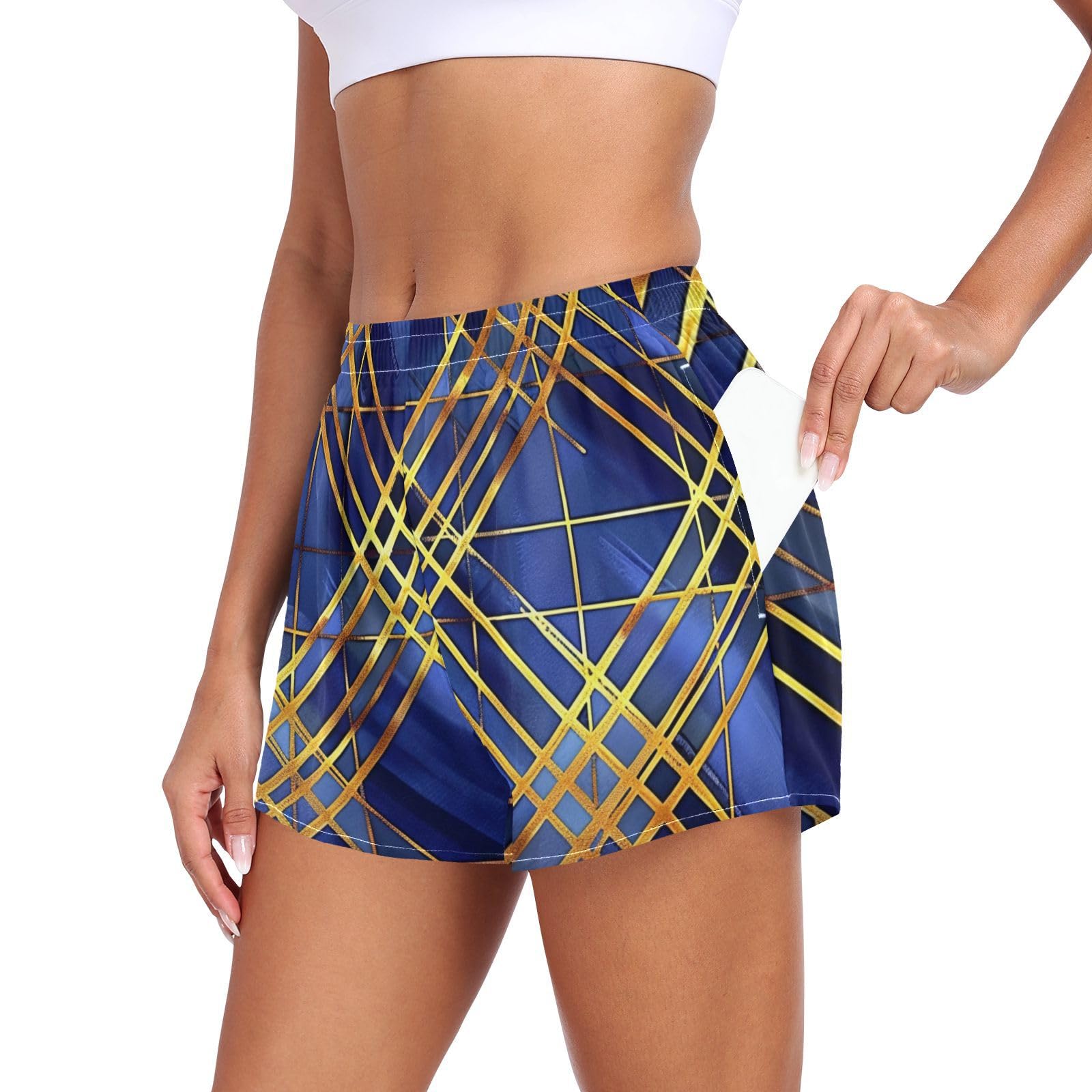 EtherSpher Blue and Gold Plaid Geometric Lines Women's Athletic Shorts Loose&Comfy Girls Beach Shorts for Biking Lounging Jogging Beach Short Cintura alta para Mujer L