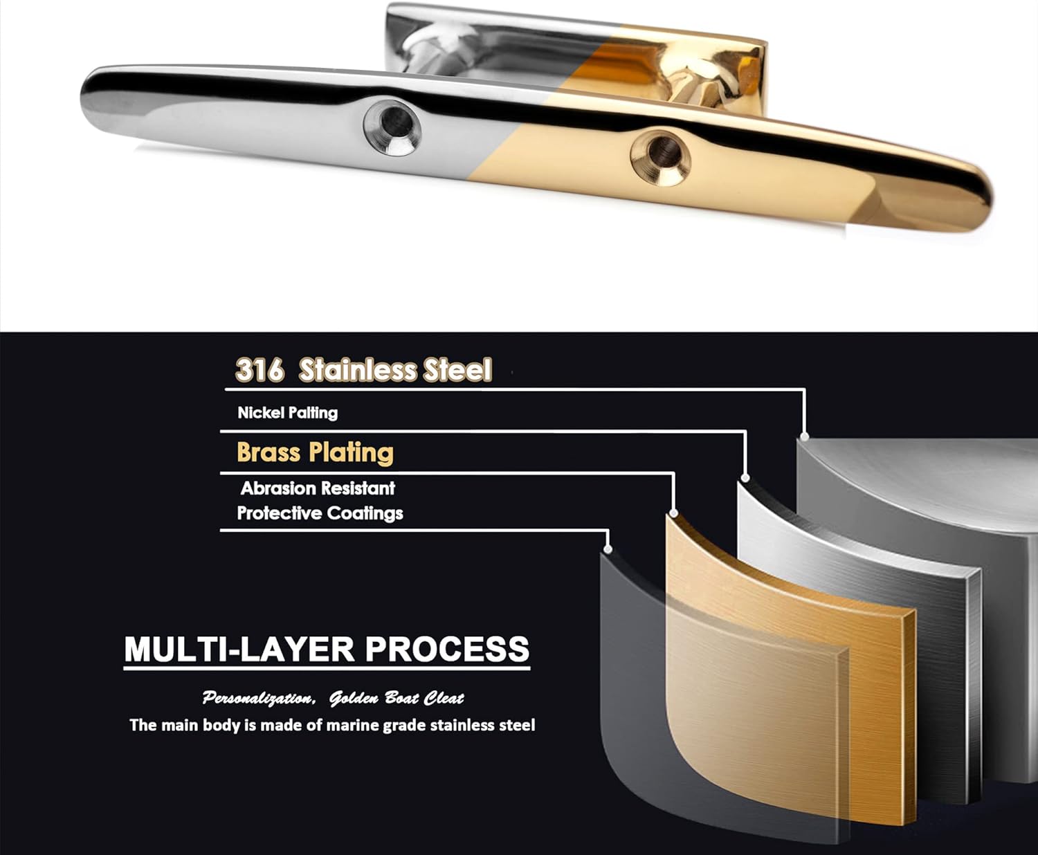 YUSOVE Brass Boat Cleats 6 inch Brass Color Boat Cleat 316 Stainless Steel Boat Open Base Cleat for Marine or Decorative Applications,with Screws,Copper Plated Marine Cleats,Pack of 2
