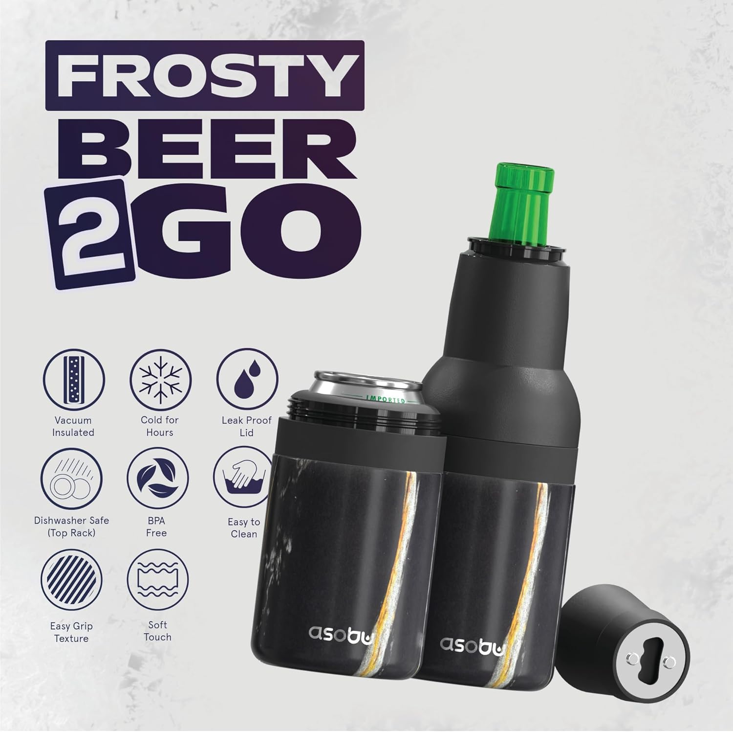 Asobu Frosty Beer Holder 2 Go Vacuum Insulated Double Walled Stainless Steel Beer Can and Bottle Cooler with Beer Opener, Bpa Free, Fits Standard 12oz Bottles, Gift for Beer Lovers (Midnight Marble) - Image 2