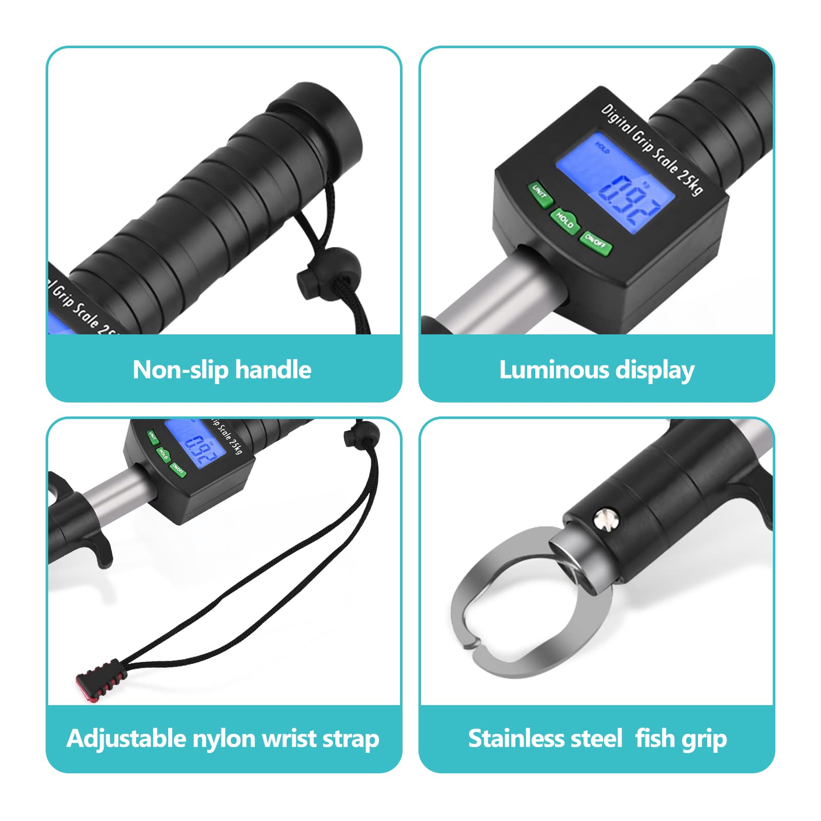 CHICIRIS Fish Holder Balance, 3 en 1 Digital Fish Grip Scale 25Kg / 55Lb Fish Lip Gripper Grabber avec Ruban à Mesurer 1M