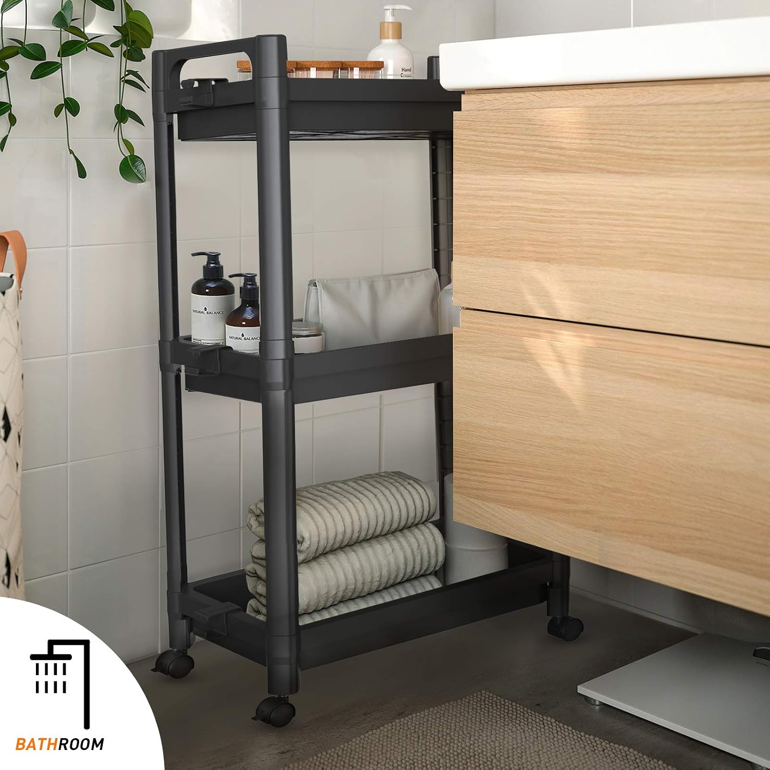 Ronlap 3 Tier Classic Rolling Storage Cart, Plastic Narrow Rolling Utility Cart with Handle, Slide Out Slim Storage Organizer Shelving for Kitchen Bathroom Laundry Room, Black