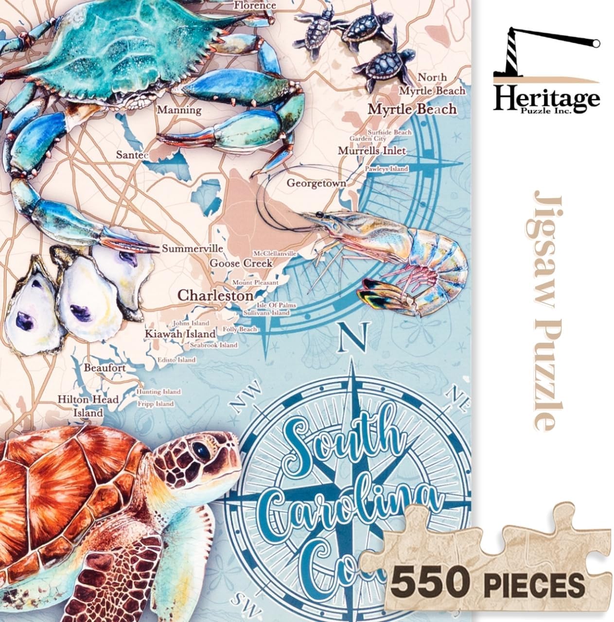 Heritage Puzzle - South Carolina Coast by Kira Talerico - 550 Piece Puzzle for Adults - Educational Coastal Map Jigsaw Puzzles with Sea Life & Landmarks - 18" x 24" Finished Size