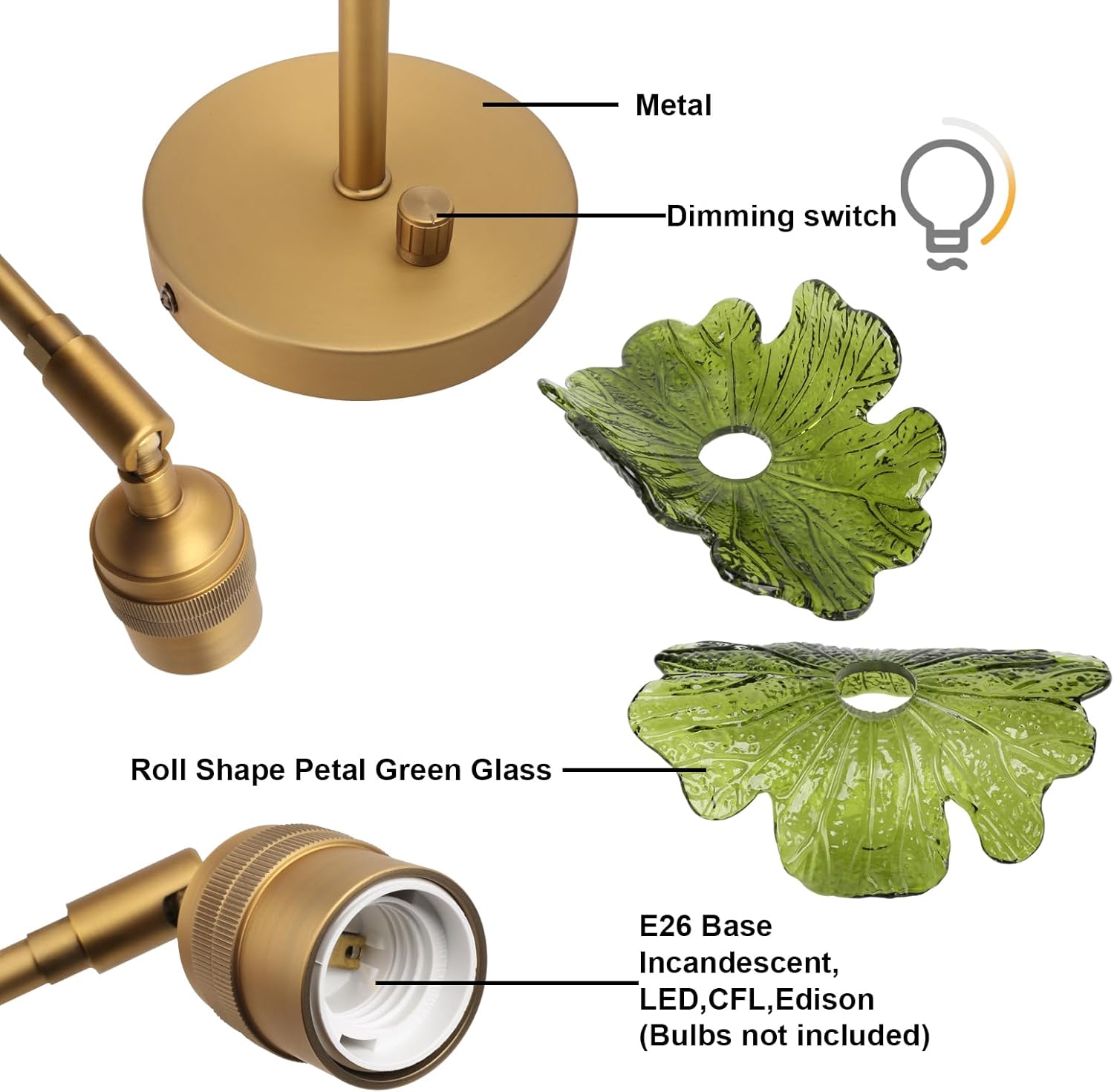 Yosoan 1-Light Brass Glass Vanity Wall Sconce with Green Flower Shade, Vintage Industrial Boho Indoor Antique Gold Wall Mounted for Bathroom Bedroom Living Room Kitchen Stairwell