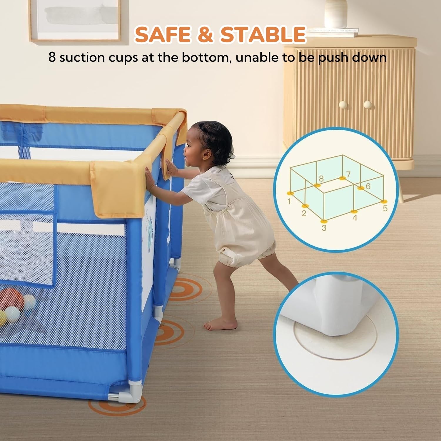 Dawnwake 120x120 cm Playpen for Baby up to 3 Years with Safety Lock & Anti-Fall Grasp Rings, and Suction Cup (Non-Foldable) - Blue 3
