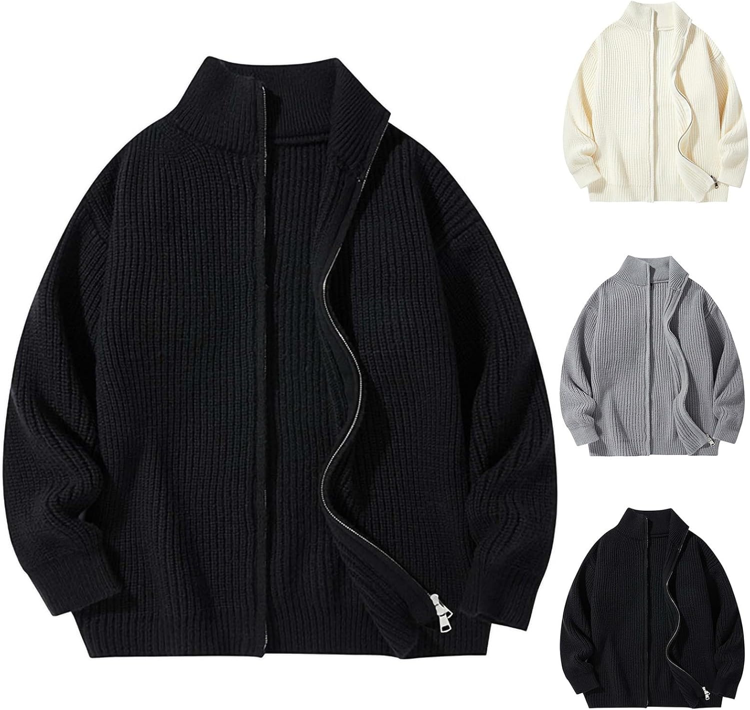 Cambkatl Stand Collar Cardigan Sweaters for Men Loose Full Zip Stretch Casual Knitted Winter Cardigans Coat