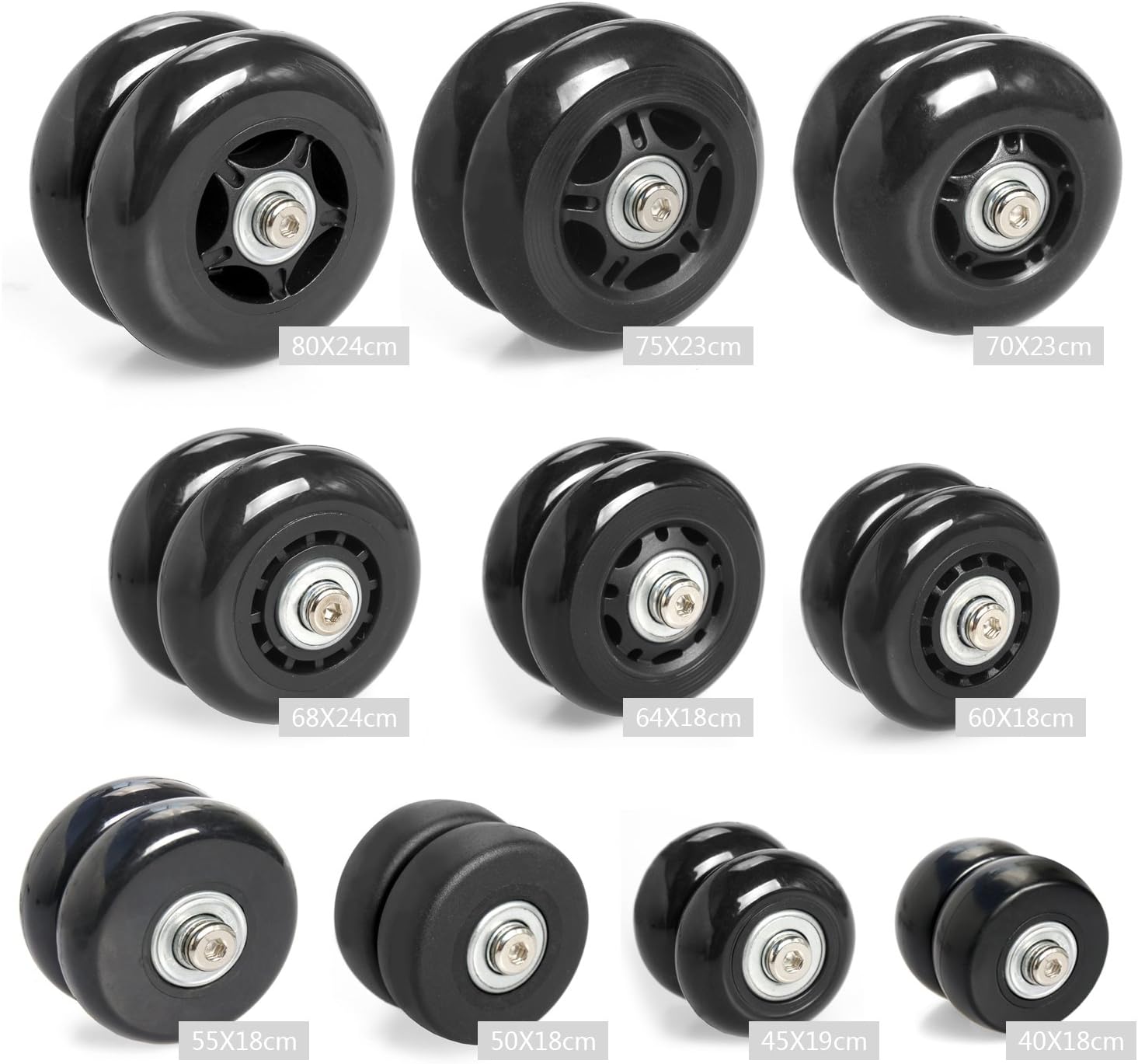 Airkoul 2pcs Black Replacement Luggage Suitcase/Scooter Inline Skate Roller Wheels Axles Deluxe Repair With ABEC 608zz Bearings