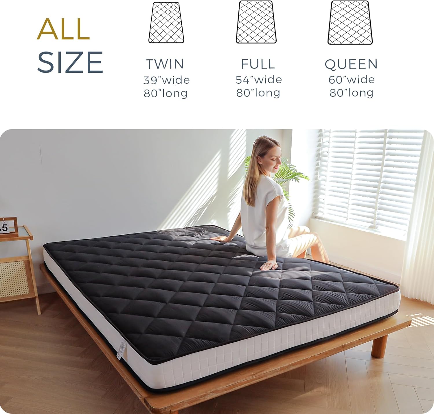 MAXYOYO 6" Extra Thick Futon Mattress Floor Mattress, Twin Size Diamond Pattern Japanese Tatami Pad Roll Up Mat for Adults, Guest, Black