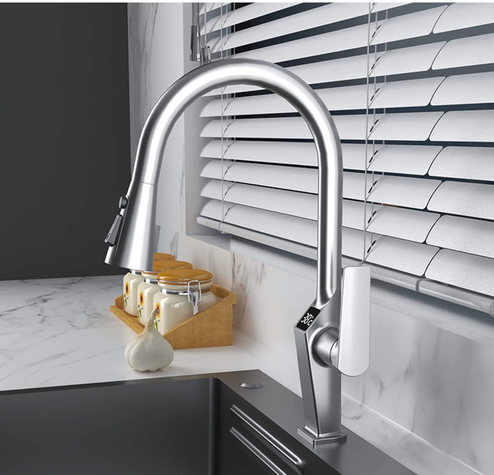 Pistola pulverizadora universal para grifo de cocina de 60 cm, manguera telescópica, agua caliente y fría, pantalla digital, diseño giratorio gris, perfecto para una fácil limpieza y uso versátil