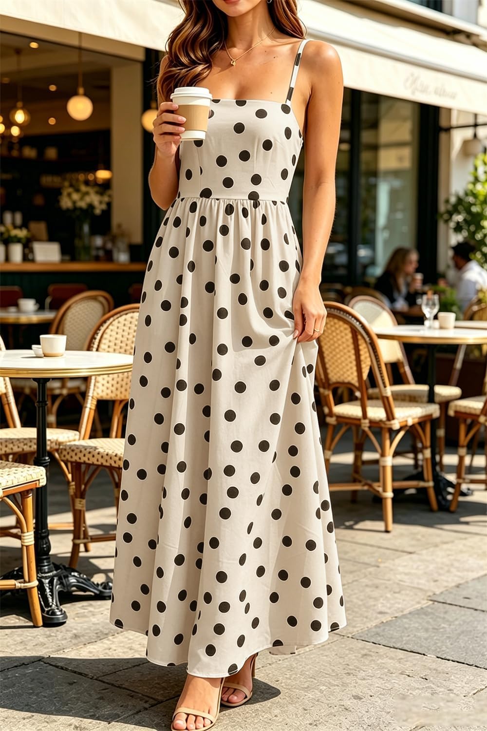 Women's Summer Polka Dot Maxi Dress Spaghetti Strap Square Neck Smocked Waist Flowy Beach Vacation Dresses