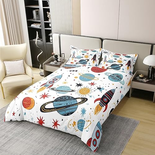 Miniatura 2 de Erosebridal Juego de funda de edredón 100% algodón orgánico para niños y niños, diseño de cohete con naves espaciales, cohete, caricatura, universo,