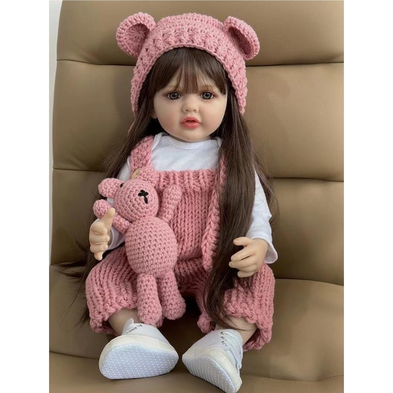Bambole Reborn 55 cm Corpo Intero in Silicone Vestito Rosa Lavorato a Maglia Capelli Lunghi Castani, Regalo di Natale Bambola Originali Reborn