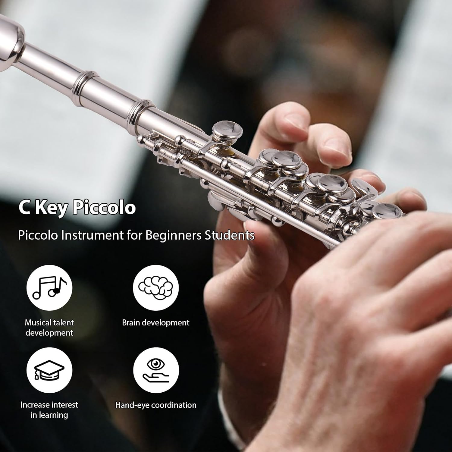 Piccolo Instrument White Copper Nickel Plated C Key Piccolo Flute for Beginners Students with Hard Case Cleaning Rod Cloth and Gloves