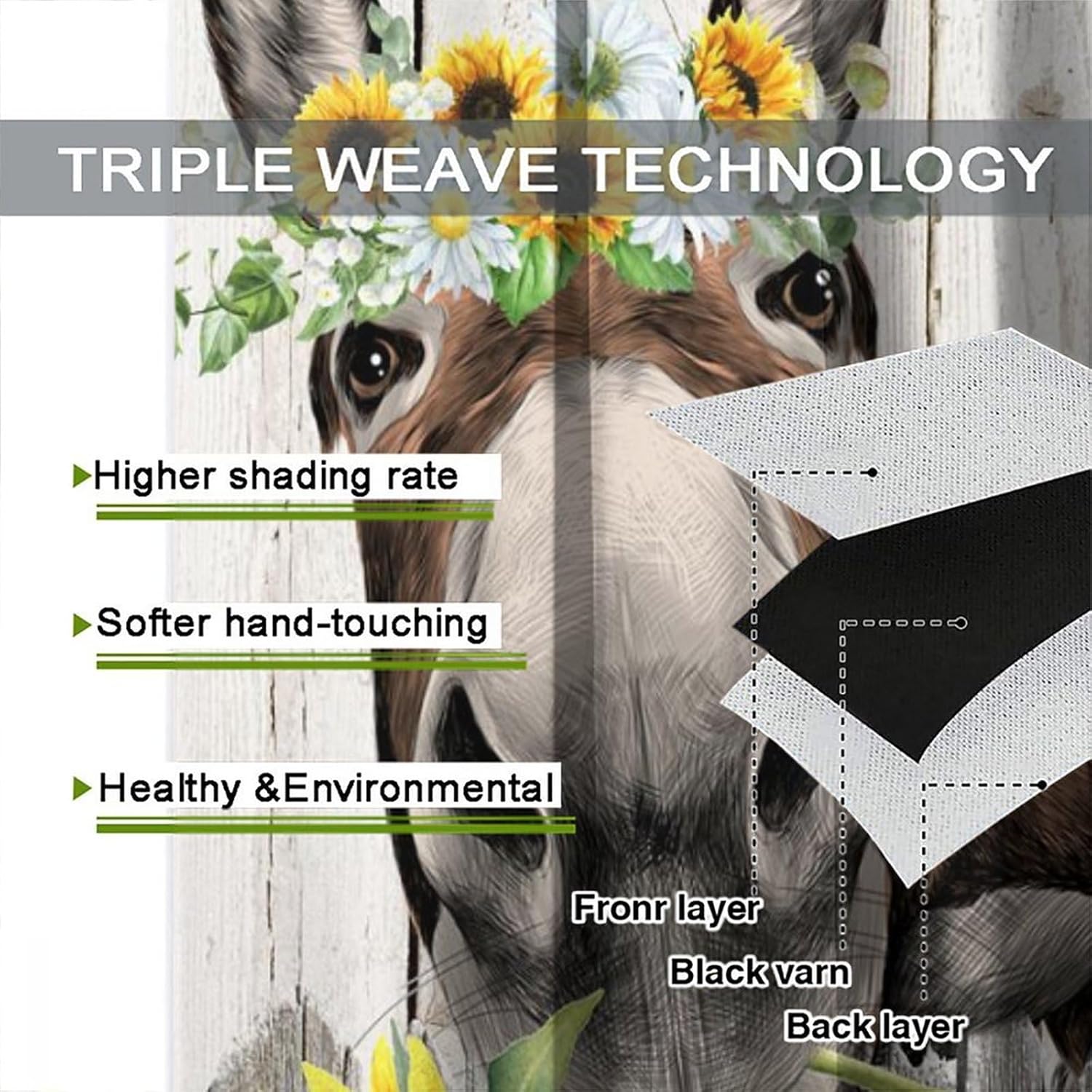 Vintage Farmhouse Donkey Curtains - Funny Cute Donkey Rustic Wooden Board Wheel Floral Sunflower Thermal Insulated Blackout Curtains - Rod Pocket Window Treatment for Bedroom 2 Panels 72L x 31.5W