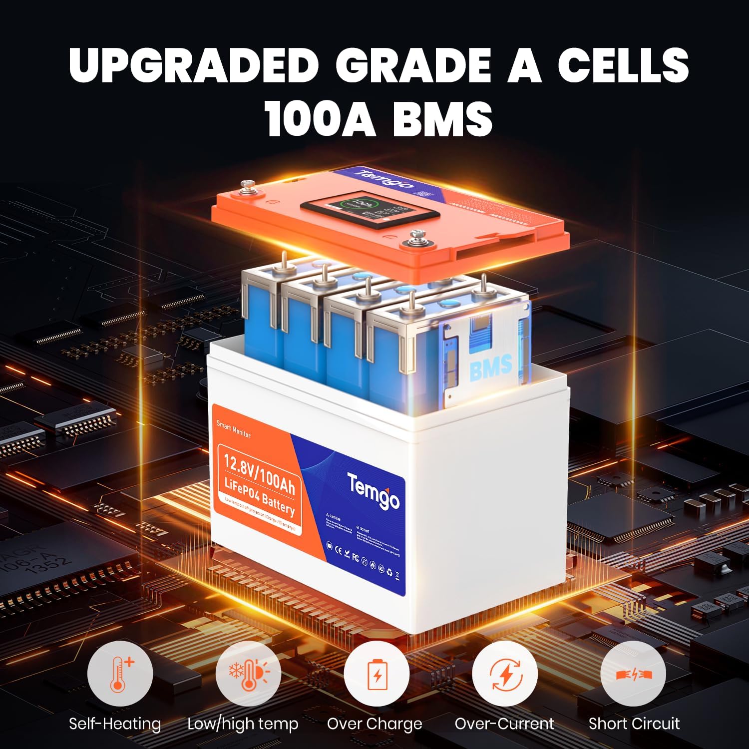 TEMGO 12V 100Ah Group 24 LiFePO4 Lithium Battery, Self-Heating, Touchscreen & Bluetooth APP Monitoring, Built-in 100A BMS, 5000+ Cycles, Perfect for RV, Camper, Solar, Marine & Off-Grid