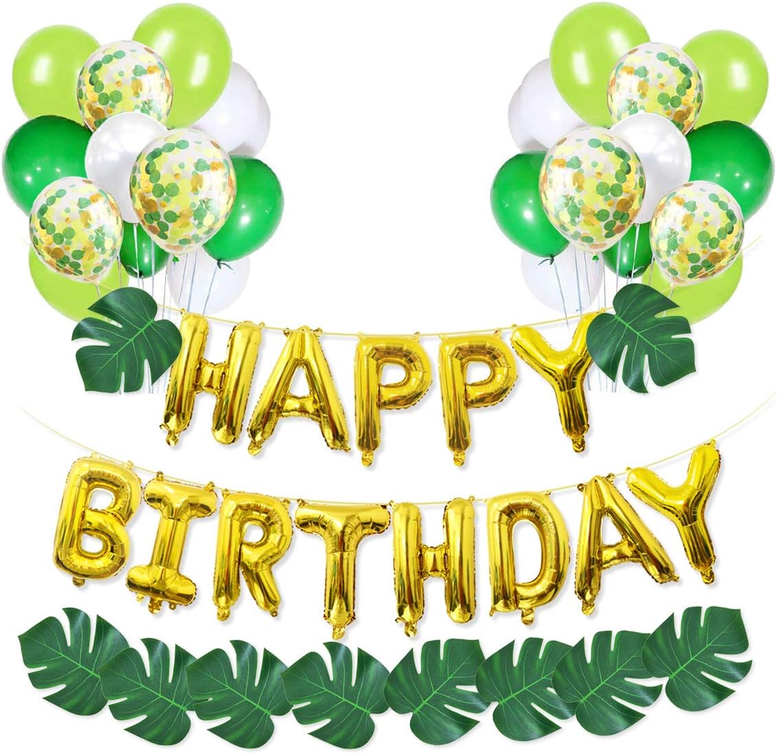 Jungle Theme Party Supplies - 16 inch Happy Birthday Banner with 12pcs Palm Leaves 30pcs Latex Balloons 5pcs Confetti Balloons and 1pcs Balloon Strip for Dinosaur Jurassic Forest Hawaiian Party Decor