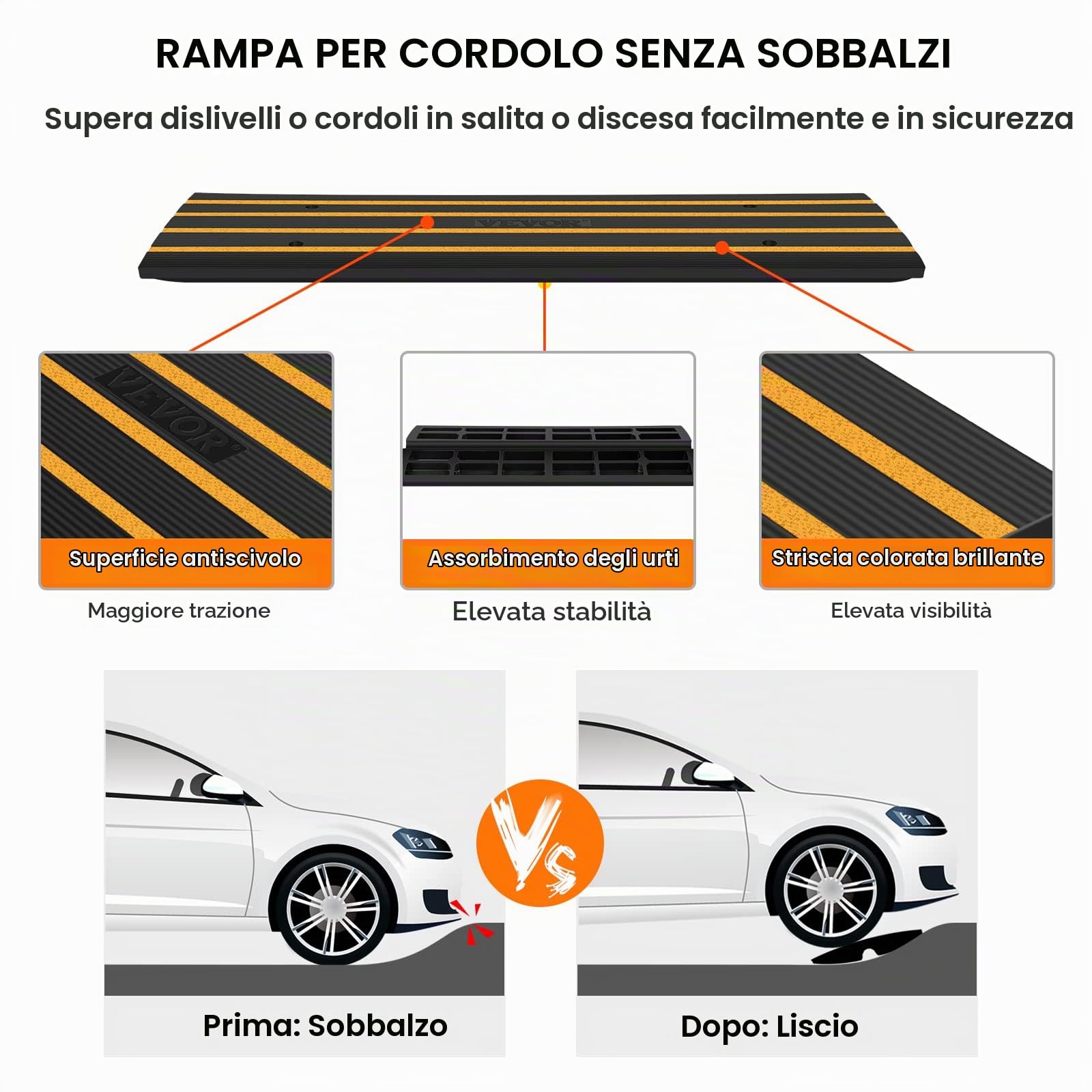 VEVOR Rampa per Soglia in Gomma Altezza 6,5cm Capacità Carico Max. 15 Tonnellate per Veicoli, Rampa per Soglia Superficie Antiscivolo con Canale per Cavi, Rampa Soglia Antiscivolo per Salita Facile