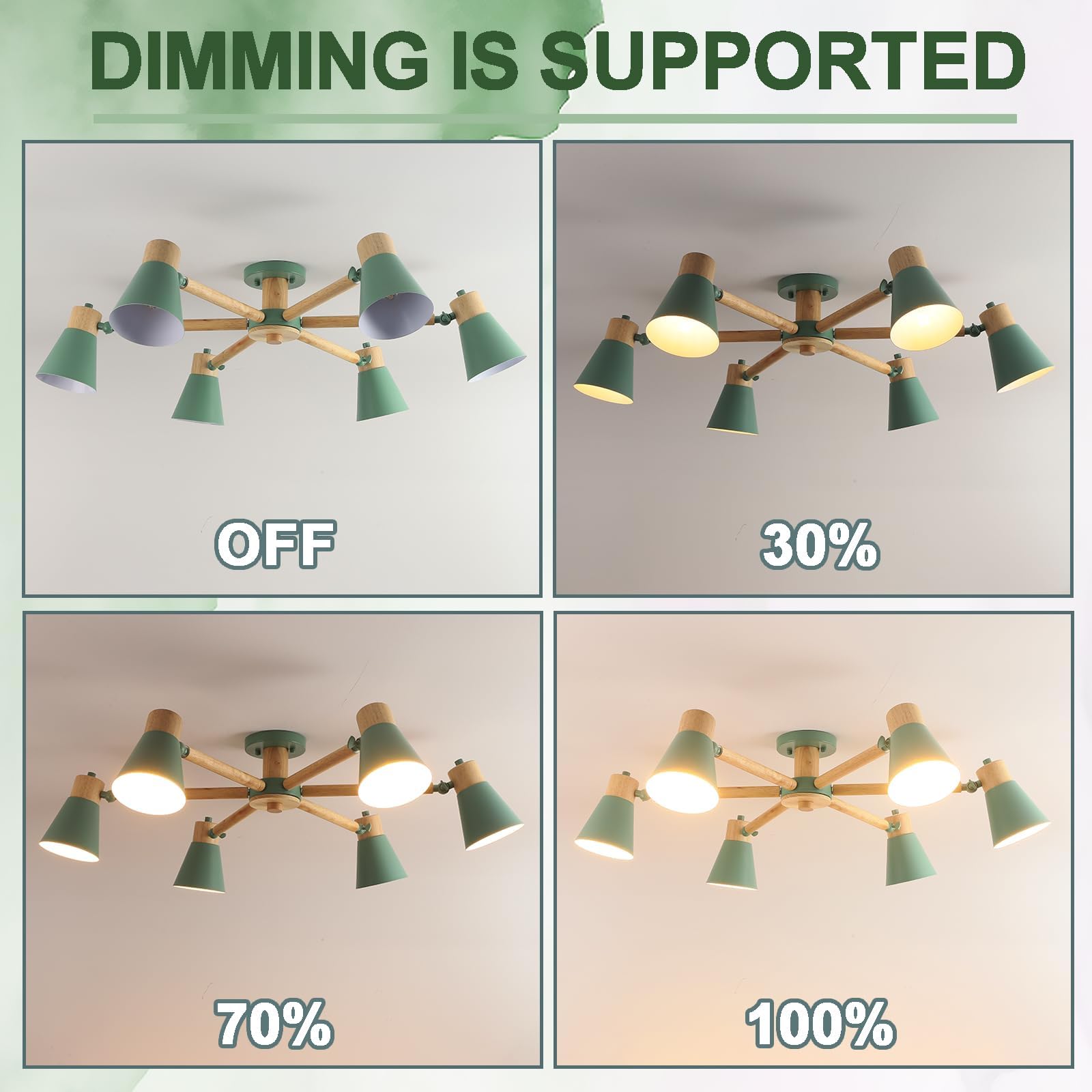 Verde Lampadario Camera Da Letto 6 Luci,Legno E Ferro Lampadario Soggiorno A Bracci Luminosi Regolabili lampadari E27 Ø82Cm Moderno Lampadario Cucina Per Letto Casa Camera Salotto