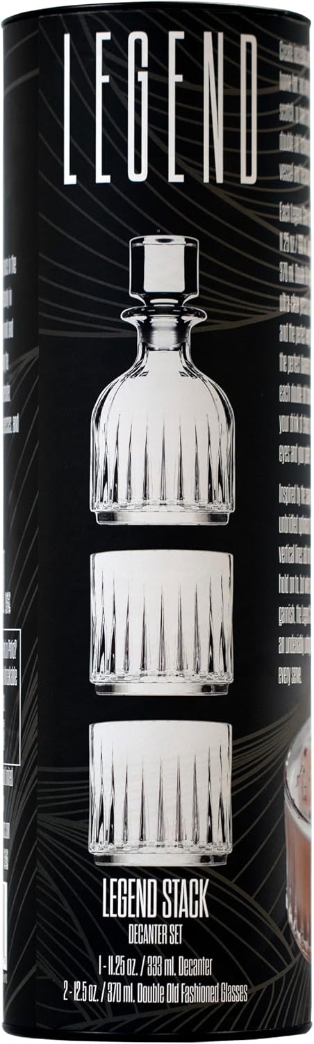 Legend Stack 3pc Stack Whiskey Decanter & Tumblers- 1-11.25oz. Decanter, 2-12.5oz. Whiskey Glasses - Perfect for scotch + bourbon + whiskey + tequlia - Stackable Decanter & Whiskey Glass Set