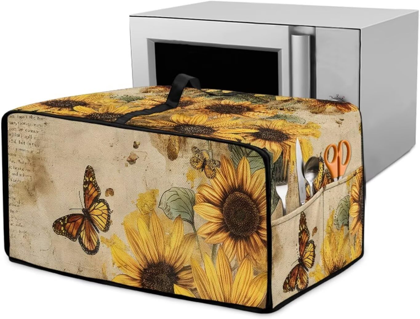 Convection Toaster Oven Cover with Pockets, Easy to Clean, Smart Microwave Baking Oven Dust Cover for Countertop, L, 18.5 x 22.5 x 13 inches, Retro Sunflower Butterfly