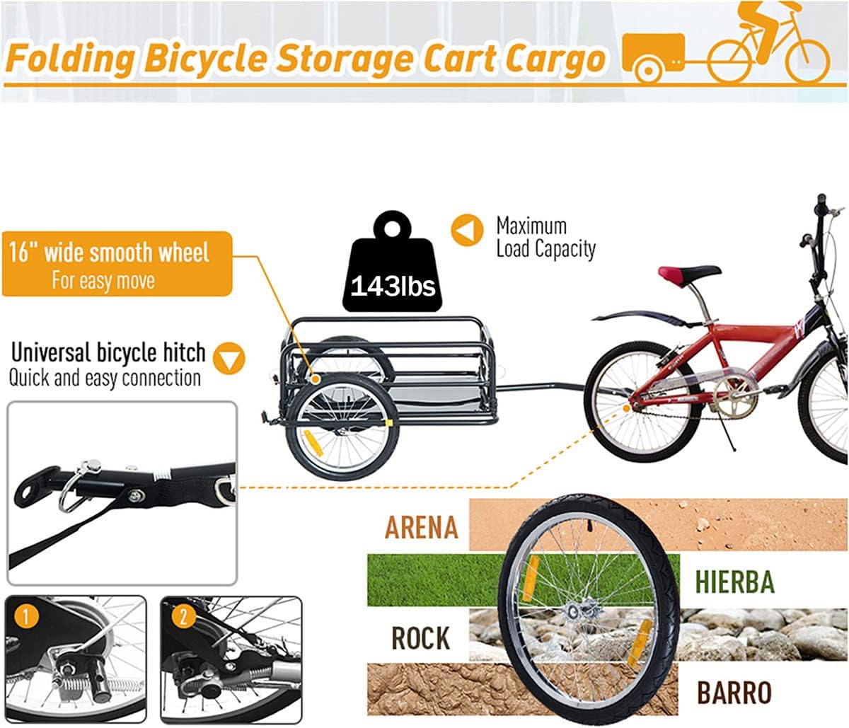 Sefzone Bike Trailer Cargo Foldable 143 lbs Max Load with 2x16'' Inflatable Wheels, Aluminum Bicycle Cargo Trailer w/Hitch for Carrying Stuff, Luggage, Plants, Tools : Sports & Outdoors