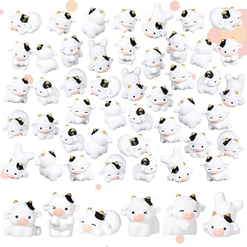 RoundFunny 48 Pcs Mini Cow Figurines Resin Cow Miniature Cute Tiny Animals Outdoor Moss Ornaments Garden Decor for DIY Fairy Landscape CraftsWhite