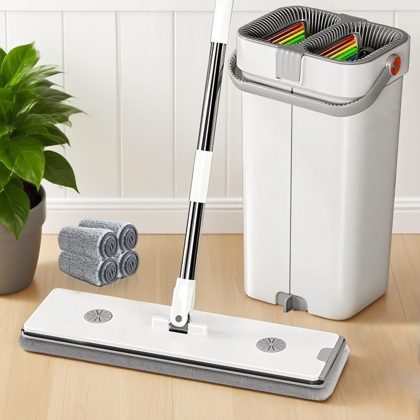 MOPUP Set di mocio con secchio: secchio di pulizia (incluso mocio e 4 testine in microfibra), set di mocio con manico in acciaio inox lungo 135 cm e raschietto con funzione strizzante, adatto a tutti
