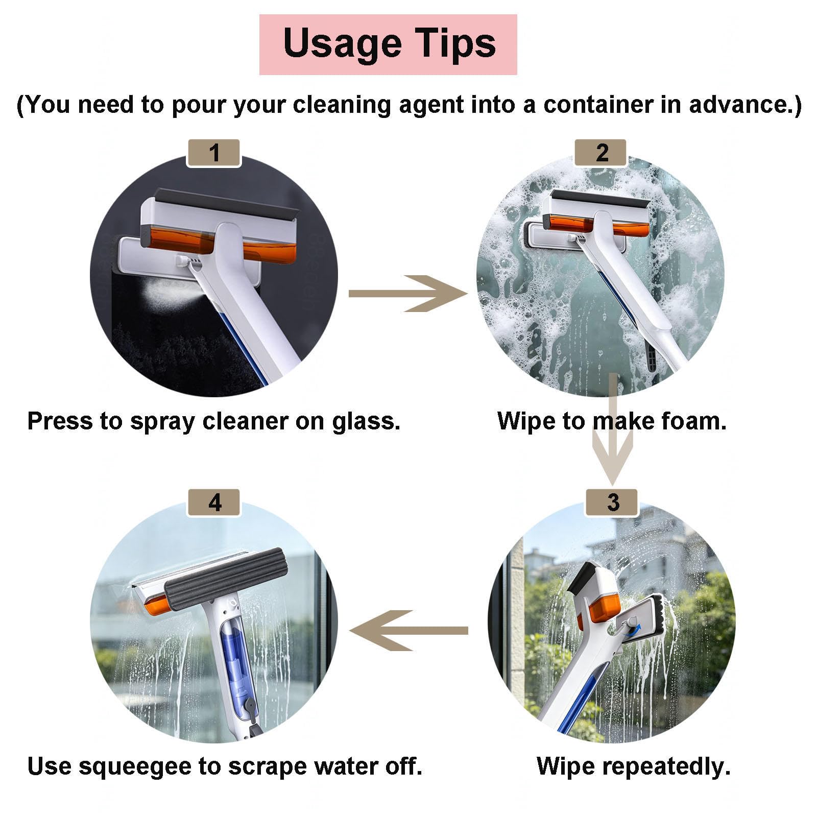 Limpiacristales con Pulverizador de Ventanas con Depósito de Agua Residual Limpiacristales en Spray de Doble Cara Adecuado para Múltiples Escenarios
