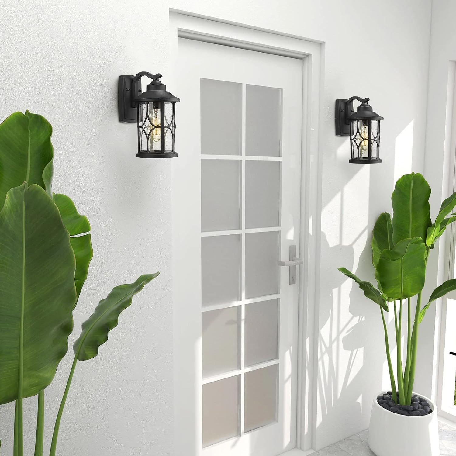 zeyu 2 Pack Outdoor Wall Lights, Exterior Light Fixture for Front Porch House, Die-Cast Aluminum with Seeded Glass, Black Finish, ZX48B-2PK BK