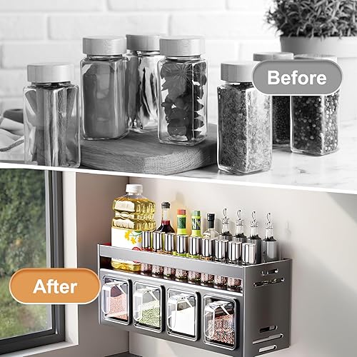 Miniatura 8 de Estante de especias de cocina, organizador de cocina y estante de almacenamiento con 4 cucharas, organización de especias para gabinetes, pared o