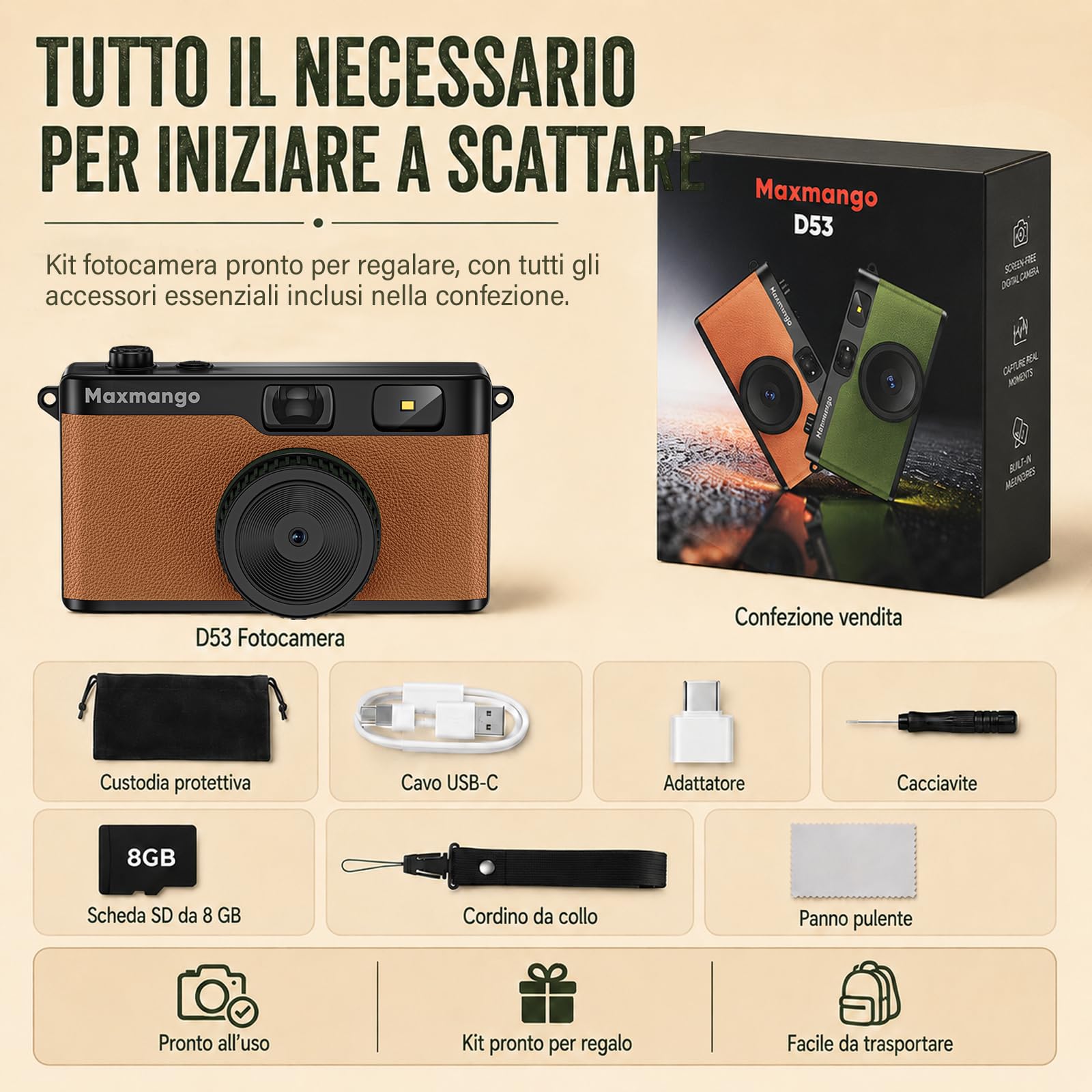 Maxmango D53 Fotocamera Digitale Compatta Senza Schermo, Fotocamera Vintage Retro 12 MP Catturare Momenti Reali, Filtri DIY Scaricabili, USB-C, Scheda SD da 8 GB Inclusa, Fino a 4000 Foto (Marrone)