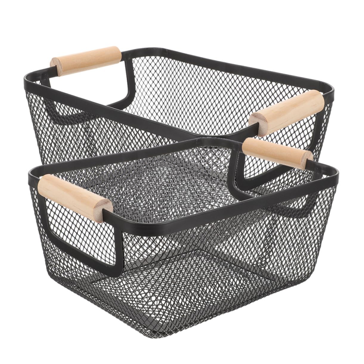 Garneck Drahtkörbe Stabil und Platzsparend mit Holzgriffen 2 Stück aus Metall Schwarzes Nordisches Design für Wohnzimmer und Küche