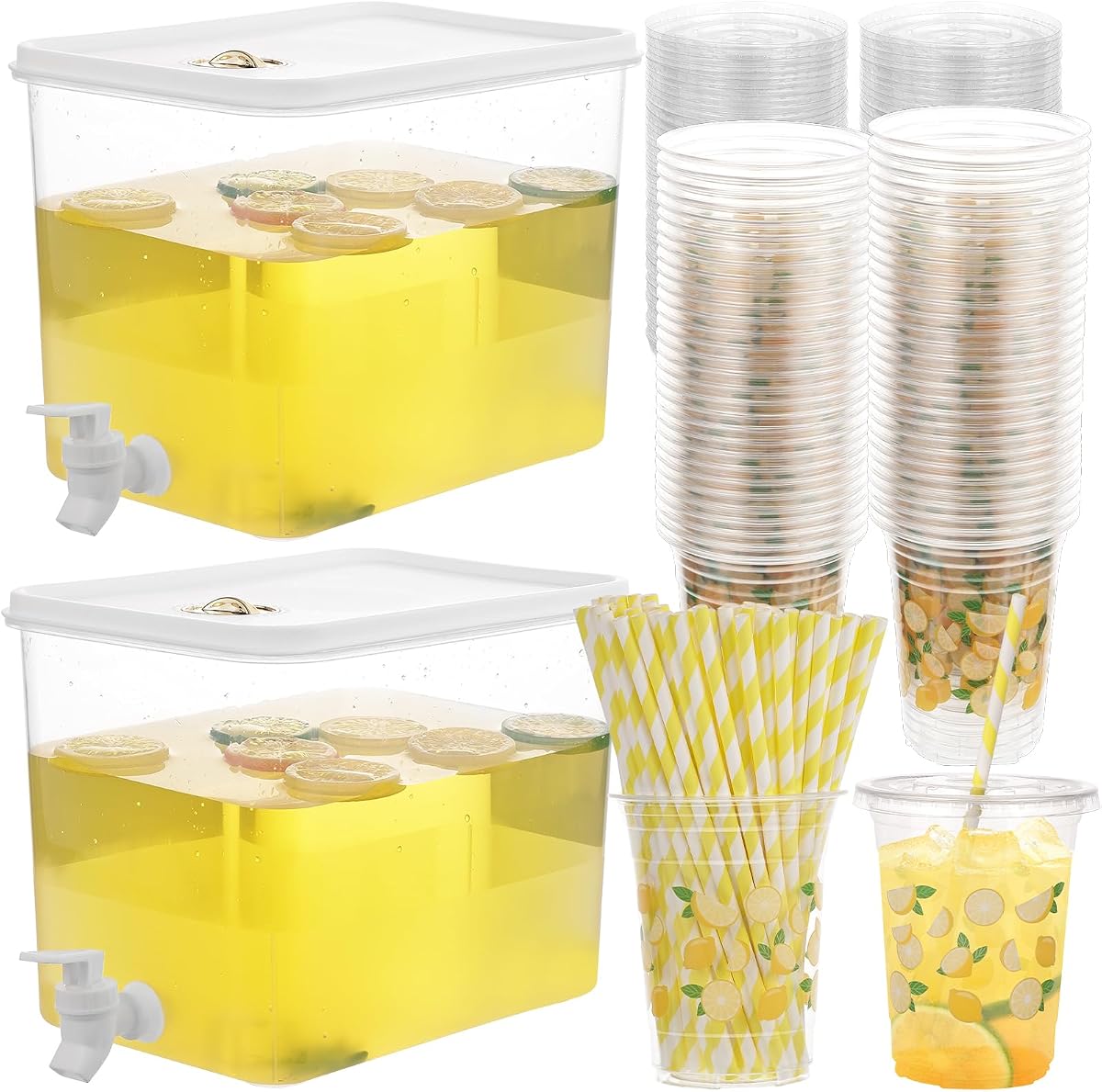 Los suministros para el soporte de limonada incluyen 2 paquetes de dispensador de bebidas de plástico de 8,5 litros con espita, 50 juegos de tazas de limonada con tapas y pajitas de papel, taza de plástico de café helado desechable de 17 oz para jugo de agua