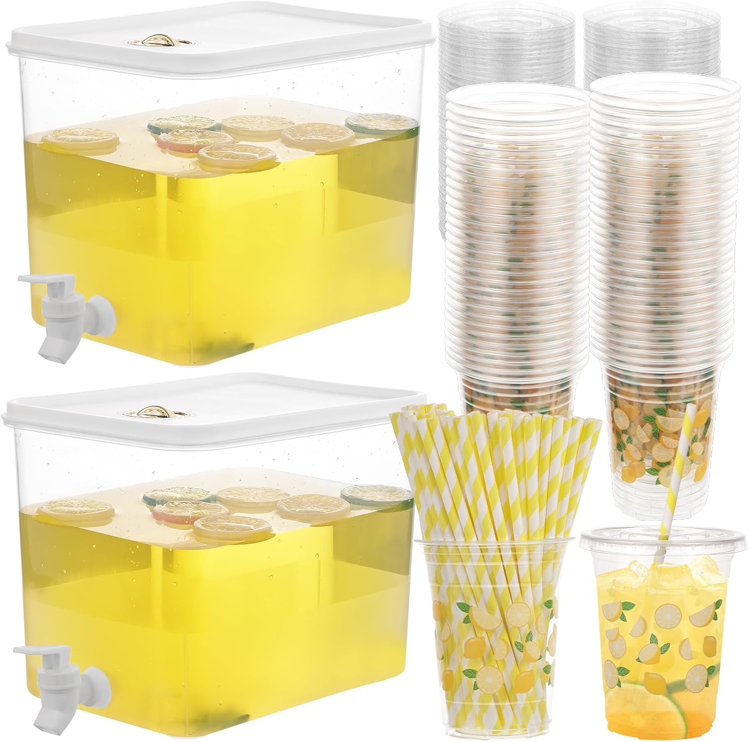 Lemonade Stand Supplies Include 2 Pack 8.5L Plastic Drink Dispenser with Spigot 50 Sets Lemonade Cups with Lids and Paper Straws,17oz Disposable Iced Coffee Plastic Cup for Water Juice