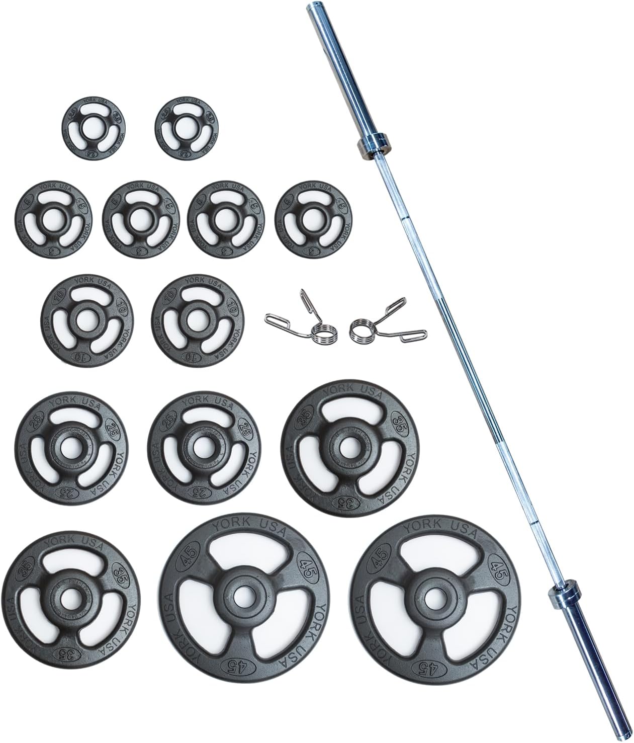 York Barbell ISO-Grip Steel Olympic Plate Set with 7′ Barbell & Spring Collars – Anti-Pinch 3-Grip Design, Steel Composite Coating, 1000lb Capacity, Ideal for Home, School, and Commercial Gym
