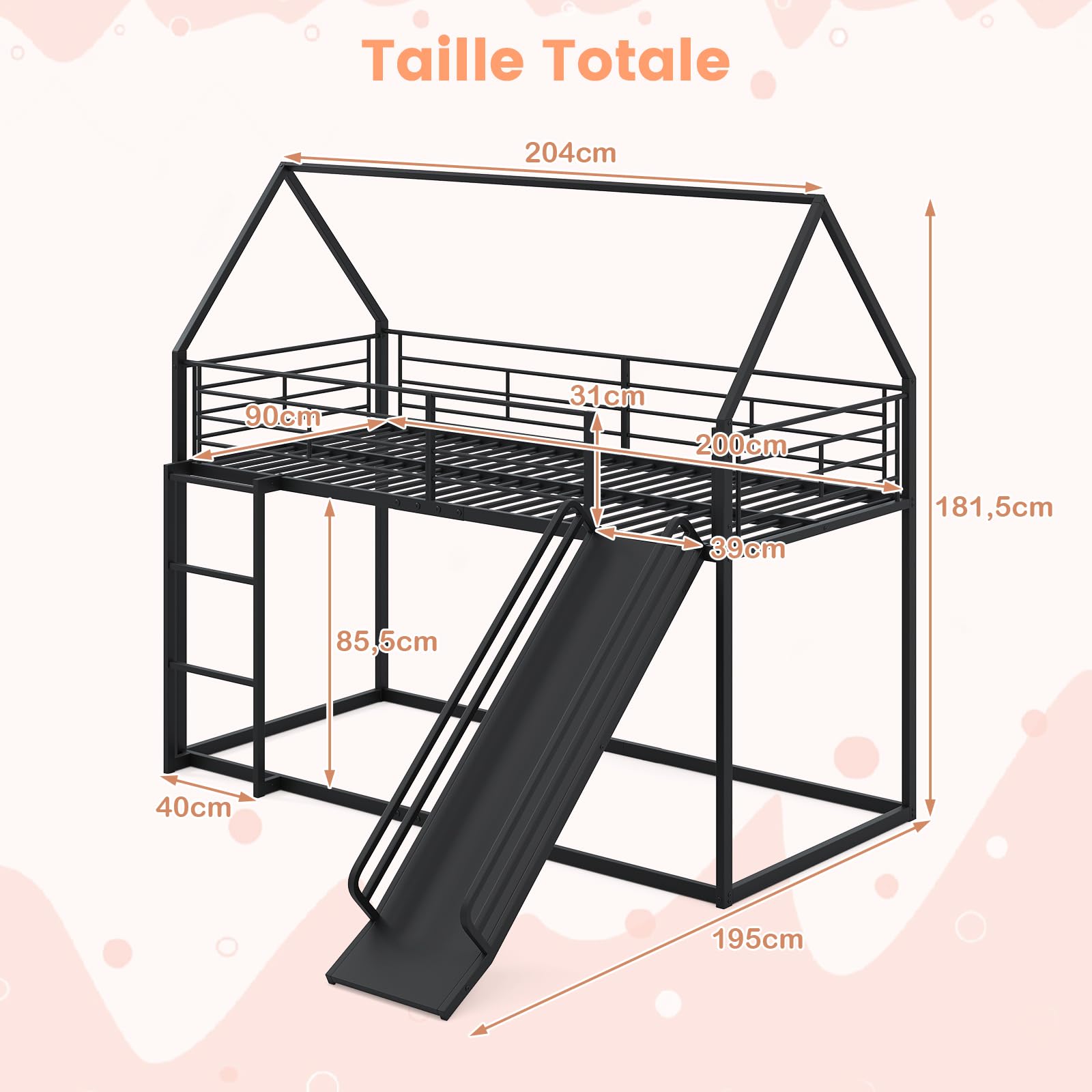 Lit Mezzanine Enfant 90x200 Avec Toboggan Et Escalier - Cadre Métal, Barrière Sécurité, Espace Rangement Dessous