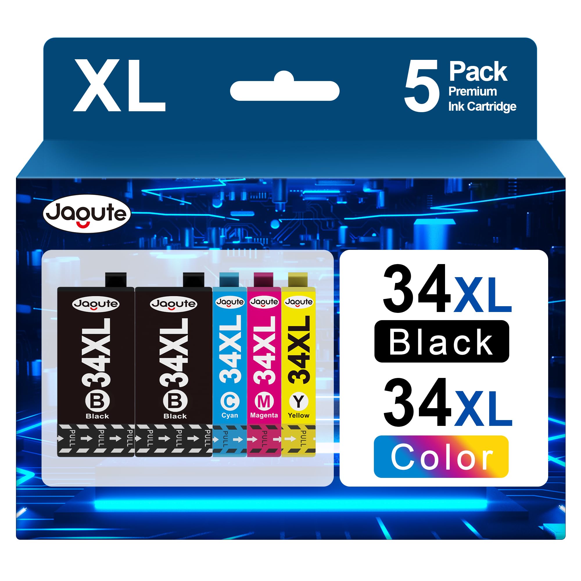 Jagute 34XL Cartucce d'inchiostro Sostituzione per Epson 34 34XL Cartucce Compatibili per Epson Cartucce WorkForce Pro WF-3725DWF WF-3720DWF WF3725 WF3720 (2 Nero, 1 Ciano, 1 Magenta, 1 Giallo)