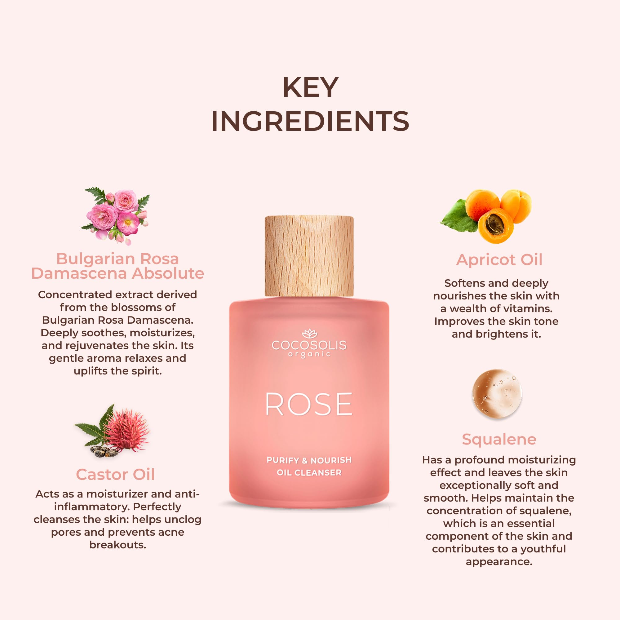 COCOSOLIS ROSE Purify & Nourish Oil Cleanser, huile nettoyante hydratante et démaquillante, vegan, à l'extrait de rose et à la vitamine E