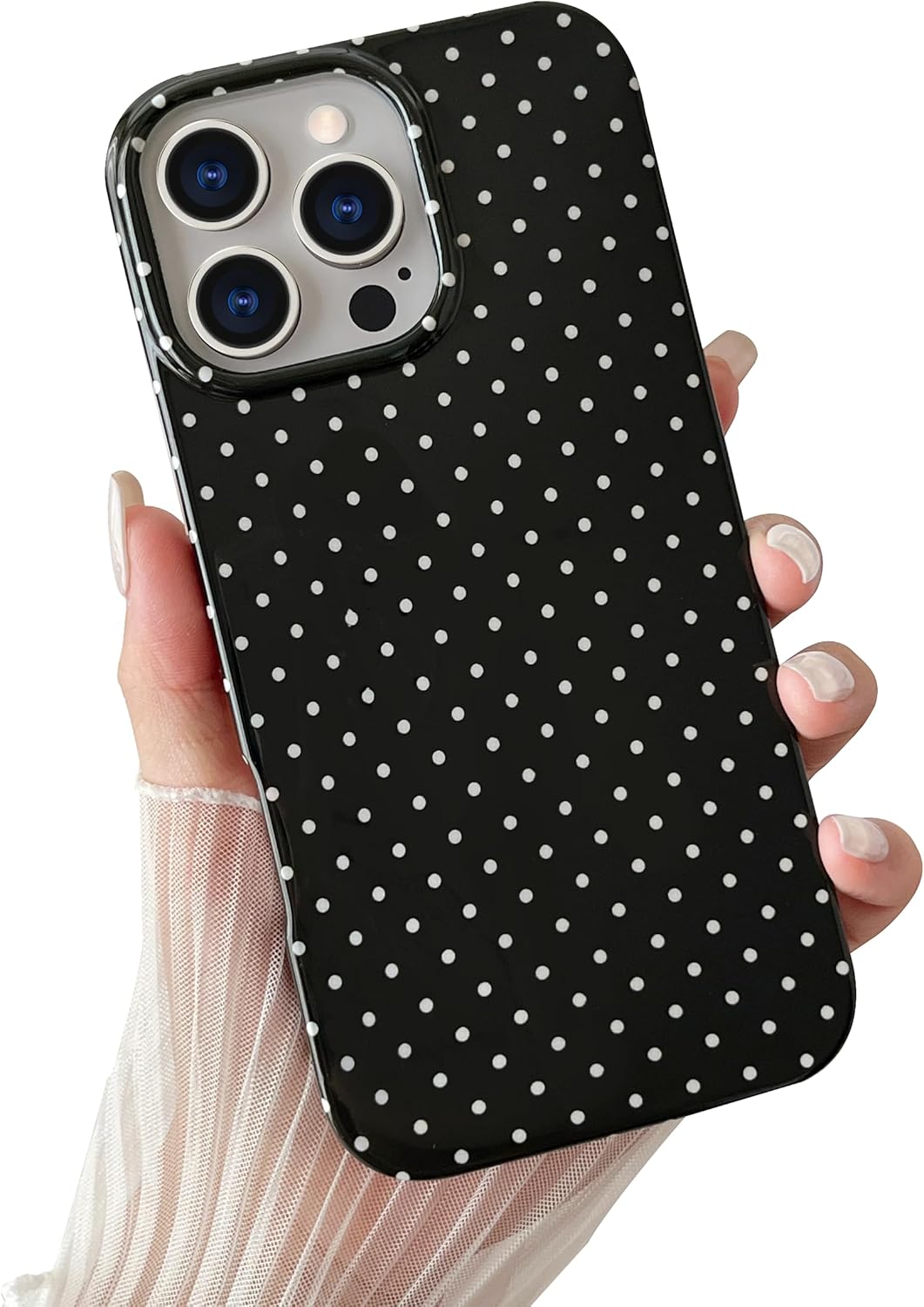 Yeddabox iPhone 16 Pro Case Polka Dot Soft TPU Slim Shockproof Cover for Women, Black