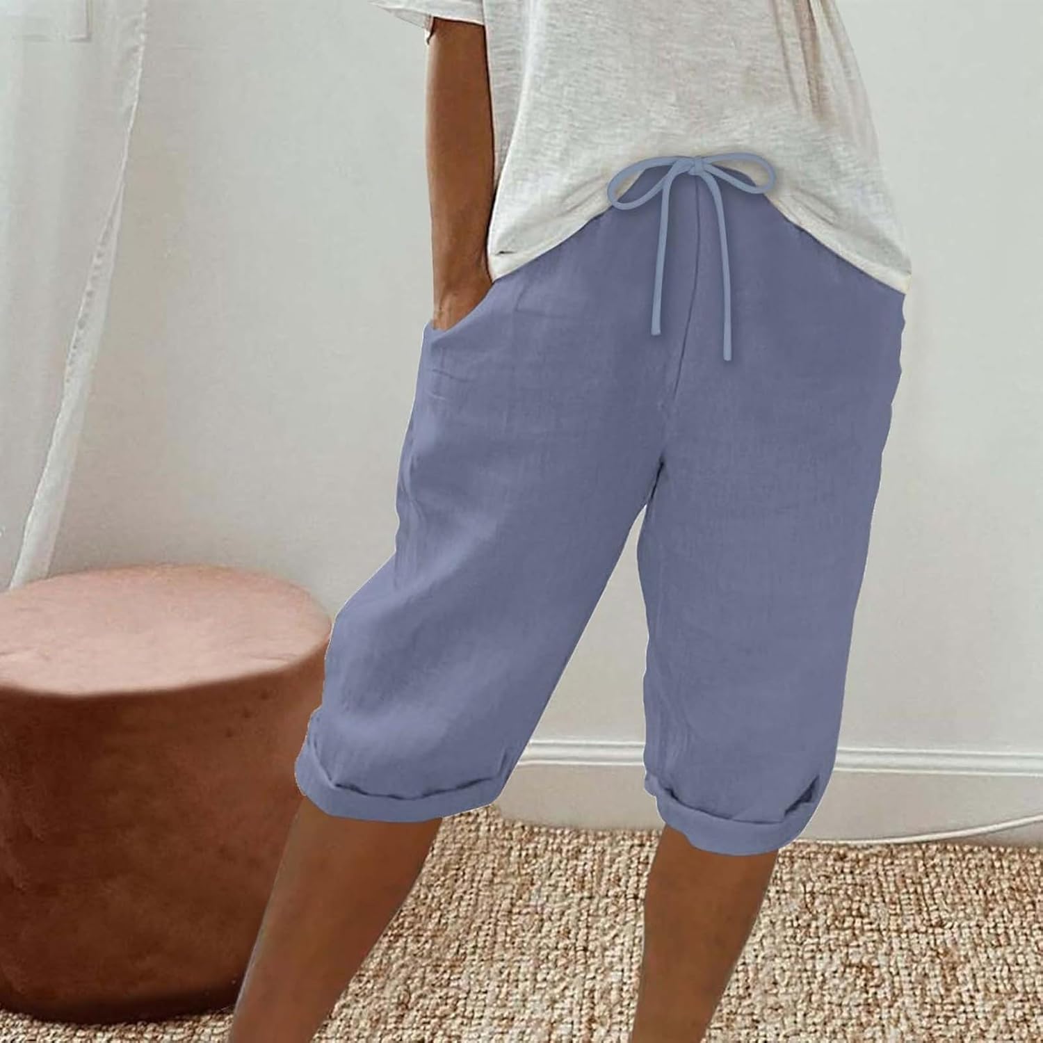 Women's Knee Length Drawstring Capri Pants Casual Elastic High Waist Rolled Shorts with Pocket Comfy Bermuda Shorts