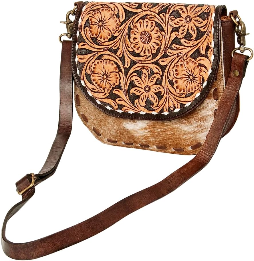 American Darling Messenger Hand Tooled Hair On Genuine Leather Western Women Bag Handbag Purse | Cute