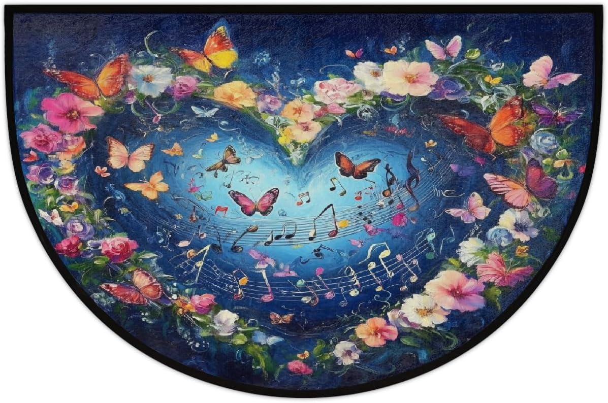 Heart-Shaped Musical Flowers Butterflies Half Round Door Mat Half Circle Area Rug Doormat Non-Slip Half Moon Rug for Indoor Outdoor Kitchen Home Decor Valentine