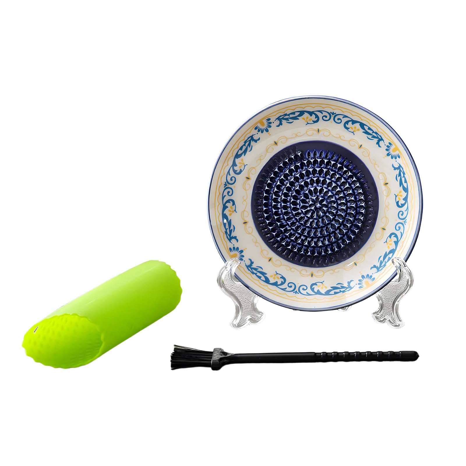 MALSSE Ceramic Garlic and Gingers Crusher Plate with Peeler and Brush Set Fruit Mashers Grinder Grater for Easy Kitchen Tasks Garlic Mincer