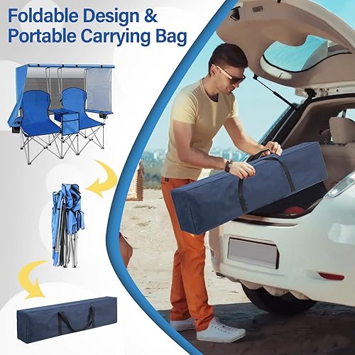 Miniatura 7 de PLKO Silla de camping doble portátil con pantalla de toldo, sillas de playa resistentes para adultos, silla de playa plegable con bolsa enfriadora