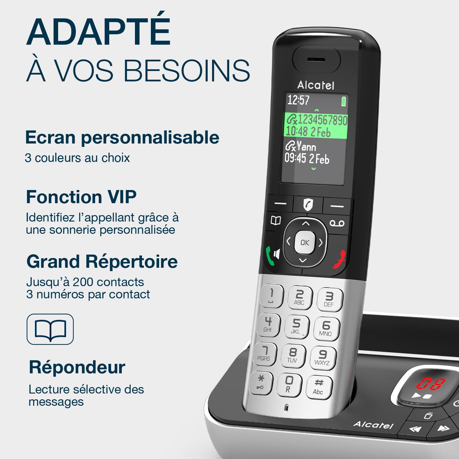 ALCATEL FX990 Voice Trio - Téléphone Fixe sans Fil DECT avec Répondeur 50 Min - Écran Graphique Couleur Haute Résolution - Mains Libres - Blocage des Appels - Sonnerie VIP - 3 Combinés - Noir/Gris